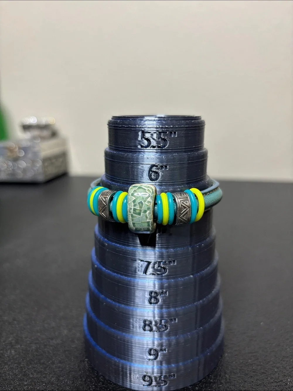 Ceramic Leather Boho Blue Green Beaded  Bracelet